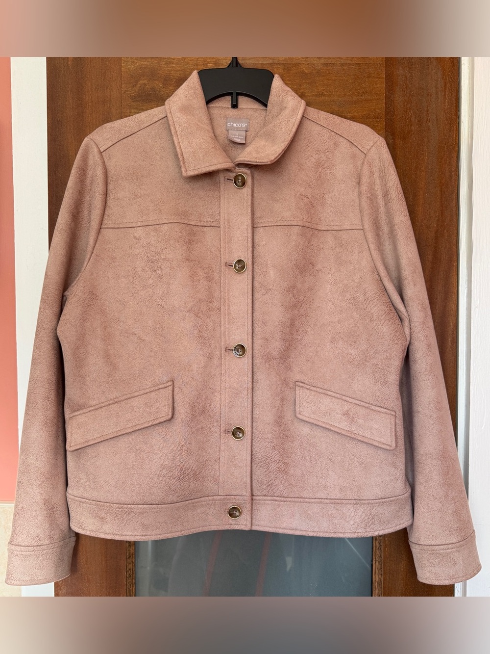 Chico's Beige Pink Faux Suede Button Up Utility Jacket Coat Shacket Size 2